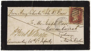 1867 (Feb.19) mourning cover from Portsmouth to Sydney, headed "From Army Schoolmr John K. S Bass" and countersigned by the Officer Commanding the 68th Lt Infantry. Franked at the 1d Soldiers Concession rate by a 1d red and backstamped upon arrival in New