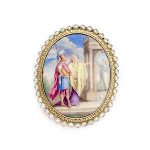 An enamel and seed pearl miniature brooch, the oval panel with hand-painted classical scene, framed by natural pearls. Yellow gold. Length 53mm. Width 42mm. 