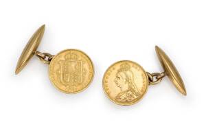 Gold cufflinks made with a pair of Queen Victoria Half-Sovereigns.