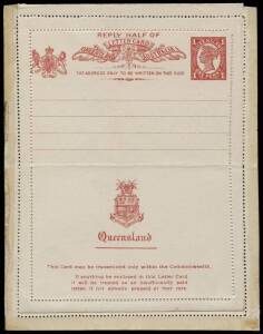 Group; Postal Cards, 1889-1910 (13 incl. 5 Reply Cards, 2 superb unfolded); Letter Cards (9) and 1912 1d Reply Letter Card; Plus c. 1914 map of Queensland showing the railways. Mixed condition, 1 CTO the rest mint.