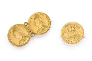 Two Gold brooches made from King George V 1910 Half-Sovereign, and Queen Victoria pair of 1887 Half-Sovereigns.