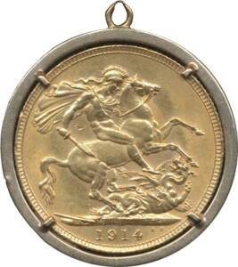 Gold St.George reverse Sovereign, 1914 Perth Mint, in 9ct mount with loop for necklace.