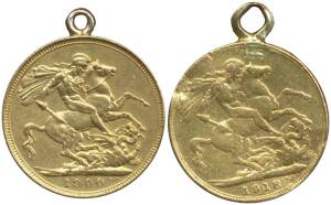 Gold St.George reverse Sovereigns, 1900 & 1918 both with loops for necklace attached.