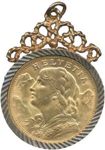 Gold, Swiss 1912 20 franc coin in mount with ornamental loop for necklace.