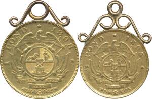 South Africa gold 1895 ½ Pond and 1896 Pond coins with ornate loops attached for necklace.