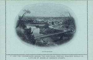 1898 2d violet Letter Cards on blue stock with "Launceston", "Cataract Gorge, Launceston", "Lake Hartz", "River Derwent, New Norfolk" (2)", "Entrance Island, Macquarie Harbour", "Great Lake (A Fisherman's Paradise)", "New Golden Gate Mine, Mathinna, Tasma