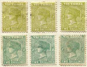 1885-95 study of the 'Naish' issues on old-style album pages with &frac12;d (14), 1d (16), 2d (6), 3d (6), 4d (1), 6d (6), 8d (6), 1/- (3), 2/- olive/green (6), 2/- olive/blue (2), 2/- apple-green (8) & 2/- blue-green (6). Incl. shades, perf. variants and variet