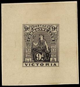 UNIQUE 9d "COMMONWEALTH" ESSAY OF 1903:9d VICTORIA beneath COMMONWEALTH arch design engraved die proof in black on wove paper (40 x 49 mm) backed on card. The only recorded example and part of the Postmaster-General's first attempts to create a standardiz