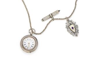 A Lady's silver openface pocket watch. 36mm. Key wind. To be sold with a fob, key and twist-link necklace. 