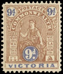 UNIQUE 9d "COMMONWEALTH" perforated proof &nbsp;of 1903:9d VICTORIA beneath COMMONWEALTH arch design electrotyped proof in brown and blue on unwatermarked paper. The only recorded example and part of the Postmaster-General's first attempts to create a standard