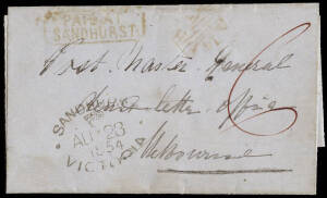 1854 (Aug.23) entire Sandhurst - Dead Letter Office Melbourne, prepaid "6" with a 'SANDHURST" Crown Oval, a framed "PAID AT / SANDHURST" in red and the "14" BUTTERFLY CANCELLATION, also in red used as a receipt mark on mail addressed to important Post Off