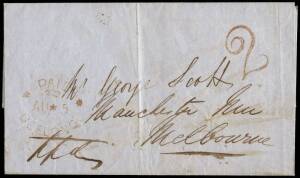 1855 stampless entire from Geelong to Melbourne with red "PAID / GEELONG" datestamp and "2" charge mark, backstamped at both stamps.