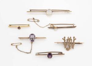 Six gold bar brooches and a tie pin, set with moonstone, amethyst, garnet and opal. Weight 22.2 grams. 