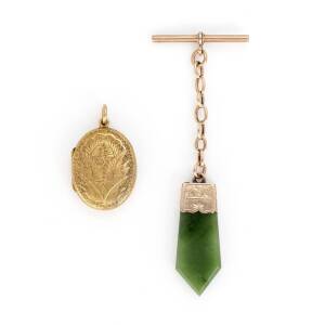 A Victorian rolled gold locket and a 9ct greenstone fob.