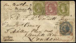 1859(Jul.16) Geelong - London registered cover (restored edges), "Per Northam via Marseilles" with mixed franking of 1/6, all tied by "6" barred numerals, with red oval London Registered datestamp below. On reverse Geelong and red London E.C. (Sept.19) cd