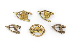 Five gold Federation brooches. 9ct yellow gold and rolled gold. 