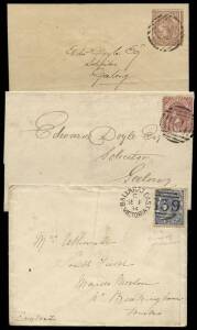 1859 pair of covers to the same addressee, Belfast - Geelong franked with rouletted or perforated 4d Emblems tied by reversed numeral "6". Plus 1884 cover, Ballarat East - England, franked 6d, tied by Ballarat East "139" duplex.