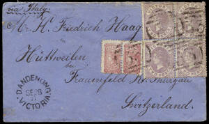1877 (Sept.28) Dandenong - Switzerland cover, endorsed "via Italy", franked 9d with 1873-87 Bell, perf. 12, &frac12;d pair and 2d, Die 1 blk of 4, cancelled with Dandenong barred numeral "33". On reverse datestamps of Melbourne, Brindisi and Frauenfeld (16 Nov.)