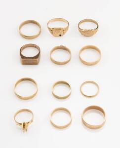 Twelve gold rings, three signet rings, eight gold bands, and one solitaire mount. 9ct yellow gold. Weight 47.6 grams. 