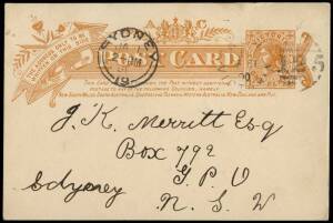 1901 (Jan.1) 1d Commonwealth Celebration Postal Card FU from Kew with Dec.31 "125" duplex; addressed to Sydney, with bold "SYDNEY JA 1 01" Federation Day arrival cds. A very rare usage proving that some post offices were operating on the first day of the 