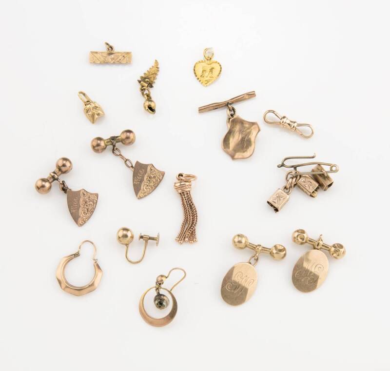 A collection of jewellery including cufflinks, tassel, charm and findings. Yellow and rose gold and base metal. Total weight 23.81 grams. 