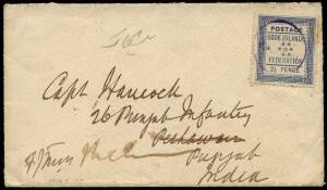 1893 cover to India bearing first issue 2&frac12;d blue (SG.3), centrally cancelled by a violet Rarotonga cds (type A3) which ties the stamp by impression. Reverse with 5 Indian arrival datestamps dated April 1893. First issue stamps are uncommon on covers, but 