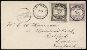 1893(May 9) (SG.1 & 2) Rarotonga - London cover, franked with 1892 1d black and 1&frac12;d mauve paying the correct 2&frac12;d rate. Each cancelled "COOK ISLANDS / P.O. / RAROTONGA" &nbsp;with "RAROTONGA" datestamp alongside. B/stamped Auckland and London. A fine and attrac