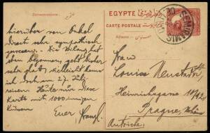 1910(Jul.2) usage of a 1909 4m red Postal Stationery Card (HG.18) written at Alexandria, to Prague, Bohemia, cancelled by a fine strike of the "SEMIRAMIS OE. LLOYD" cds applied on board the Austrian Lloyd steamer the same day. Very fine and scarce usage o