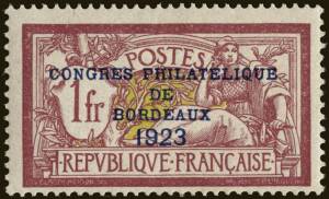1923 (Sc.197) 1fr claret &nbsp;& olive green o'ptd CONGRES / PHILATELIQUE / DE / BORDEAUX / 1923". Cat. Scott $825.