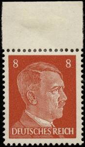 c.1942-43 British Intelligence forgeries of the Hitler Head, 3pf (2), 4pf, 6pf (2) and 8pf with 4 genuine stamps for comparrison. Plus 3 3pf forgeries applied to unused postcards showing Dr Robert Ley (2) or headed "Dieser deutsche Mann ist frei". On anno