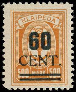 MEMEL: 1923 (Mi.235,237) 25c on 100m and 60c on 500m surcharges. Very scarce, fine & fresh with Dr E. Petersen expert certificate.