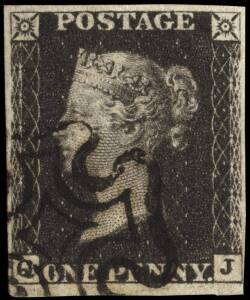 1840 (SG.2) 1d Black [QJ], Plate 5, very fine 4 margin example (almost touches LR); with black MC. Cat.&pound;350.