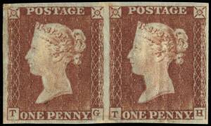 1841 (SG.8) 1d red-brown, slightly blued paper, horizontal pair, Plate 42, 'TG + TH'. Full margins, almost 100% full gum, a couple of minor faults. Cat.&pound;1,200.
