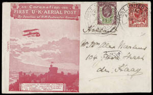 1911 (Sept.15) &nbsp;"Coronation / FIRST U.K. AERIAL POST", red cover (with leaflet enclosed) addressed to Netherlands, flown 25th Sept. but forced to land at Langley due to engine trouble. Flight proven by the Hague arrival backstamp of 26th Sept. Proven cove