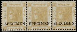 1862 (SG.2) 8c yellow-buff strip, each overprinted "SPECIMEN" (type HK.3). Unmounted mint with the characteristic streaky gum of the early De La Rue issues. Two short perfs. do not detract from this important strip, believed to be the largest known multip