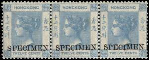 1862 (SG.3) 12c blue strip, each overprinted "SPECIMEN" (type HK.3). Unmounted mint with the characteristic streaky gum of the early De La Rue issues. A few blunt perfs hardly detract from its superb appearance, near perfect centring, freshness and vivid 