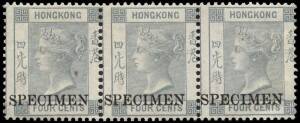1863-71 (SG.9) 4c Grey strip, each overprinted "SPECIMEN" (type HK.3). Two stamps are unmounted mint, the right hand stamp with a paper adhesion, centred to R, vivid colour and full perfs. Believed to be the largest known Specimen multiple of this value.