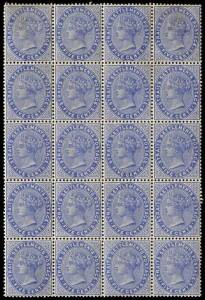 1883 (SG.65) Crown CA wmk 5c blue, block of 20; mainly fresh MUH; a few with light gum tropicalization. Cat.&pound;360+.