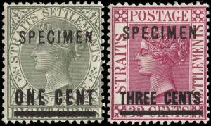 1892-4 (SG.93-4s) 1c/8c green and 3c/32c carmine-rose, overprinted SPECIMEN. Fine & fresh. Cat.&pound;140.