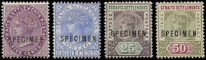 1892-99 (between SG.95-101s, 103s-4s and 109s) 1c - 8c, 25c & 50c QV definitives overprinted SPECIMEN; also 4c/5c carmine SPECIMEN overprint. Fine & fresh.&nbsp;
