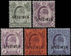 1904-12 (SG.123-6s & 155as) Edward VII SPECIMEN overprinted 1c - 8c & 4c dull purple. Cat.&pound;330.