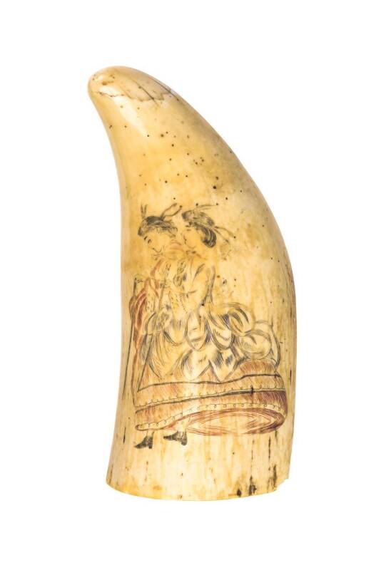 A scrimshaw whale's tooth with coloured engraved figures