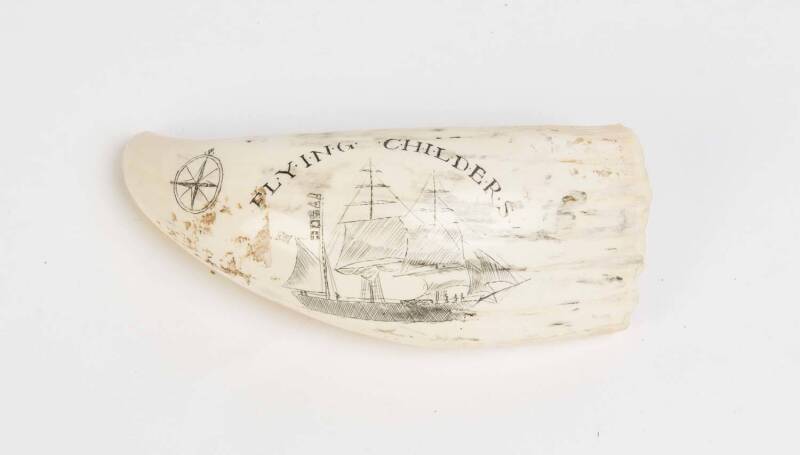 A scrimshaw whales's tooth titled "The Flying Childers"