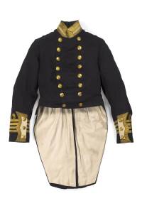 A Naval Commanders dress uniform with Queen Victoria buttons, named to T.E.J. Bigg, together with Naval colour lithograph, circa 1905