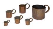 Set of 6 rum measures, hand made copper, English, 19th century