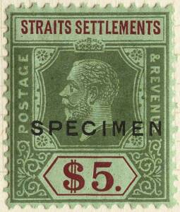 1921-33 (between SG.218-240as) Multiple Crown CA wmk KGV SPECIMEN set, 1c - $5, mainly original issues overprinted but including 5c brown & 35c scarlet & purple perforated SPECIMEN. &nbsp;Lacks 4c orange & 6c scarlet.