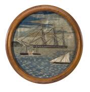 A maritime scene needle work in round timber frame, 19th century 