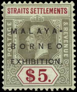 1922 (SG.248c & 249) Malaya - Borneo Exhibition overprints, $2 with "Raised stop" variety & $5; fine & fresh. Cat.&pound;460.