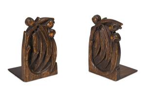 A pair of bookends, carved oak with gumnuts & leaves