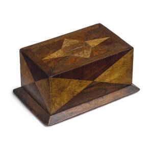 A Tasmanian timber collection box, huon pine, musk, murtle, rosewood and pine, circa 1840